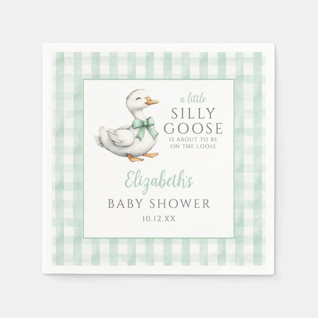 Servilleta De Papel Silly Little Goose Green Gingham Baby Shower (Anverso)