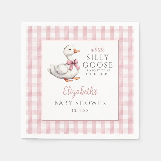 Servilleta De Papel Silly Little Goose Pink Gingham Baby Shower (Anverso)