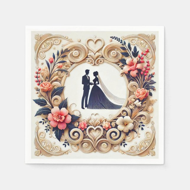 Servilleta De Papel Silueta de boda elegante enmarcada (Anverso)