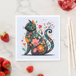 Servilleta De Papel Silueta de gato negro hecha de flores de colores