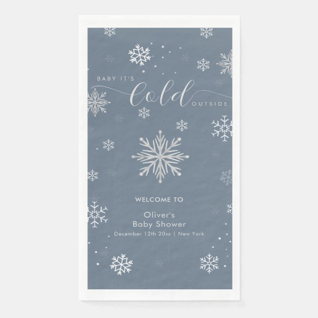Servilleta De Papel Silver Blue Magical Snowflake Baby Shower Welcome  (Anverso)