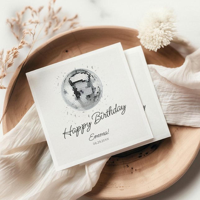 Servilleta De Papel Silver Disco Ball Happy Birday (Silver Disco Ball Happy Birthday Napkins)