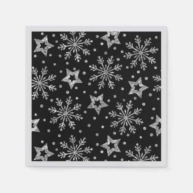 Servilleta De Papel Silver Glitter Stars & Snowflakes Napkins (Anverso)