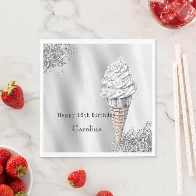 Servilleta De Papel Silver Glitter Vanilla Ice Cream Cone Birthday (In situ)