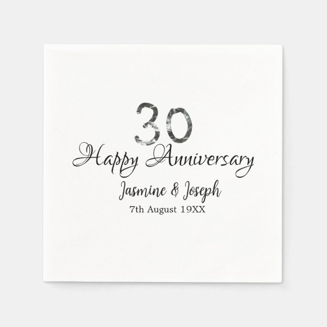 Servilleta De Papel Silver Metallic 30th Feliz aniversario añada nombr (Anverso)