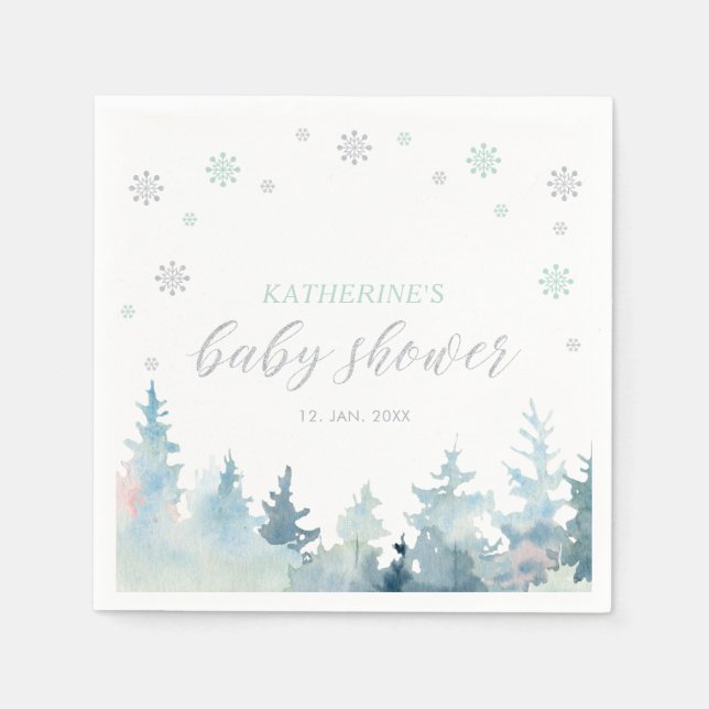 Servilleta De Papel Silver & Mint Winter Wonderland Snow Baby Shower (Anverso)
