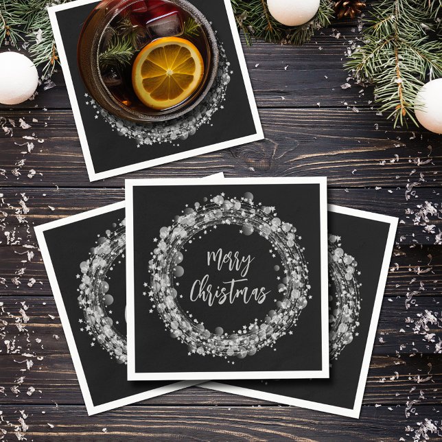 Servilleta De Papel Silver Stars Feliz Navidad (Silver Stars Merry Christmas on Black Napkins)