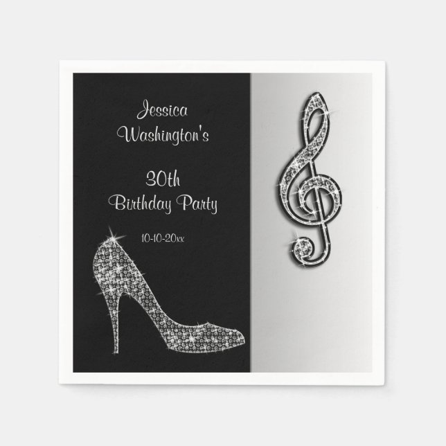 Servilleta De Papel Silver Stiletto & Treble Cleft Cumpleaños (Anverso)