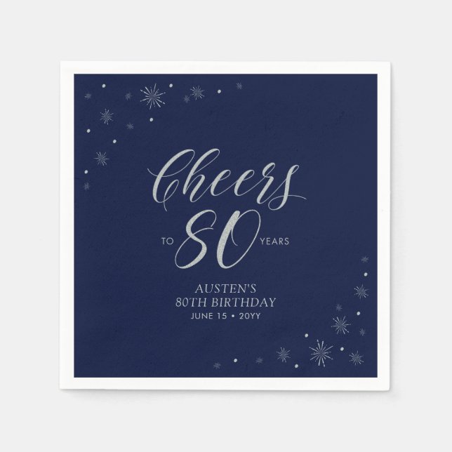 Servilleta De Papel Silver y Navy Blue Cheers 80 cumpleaños (Anverso)