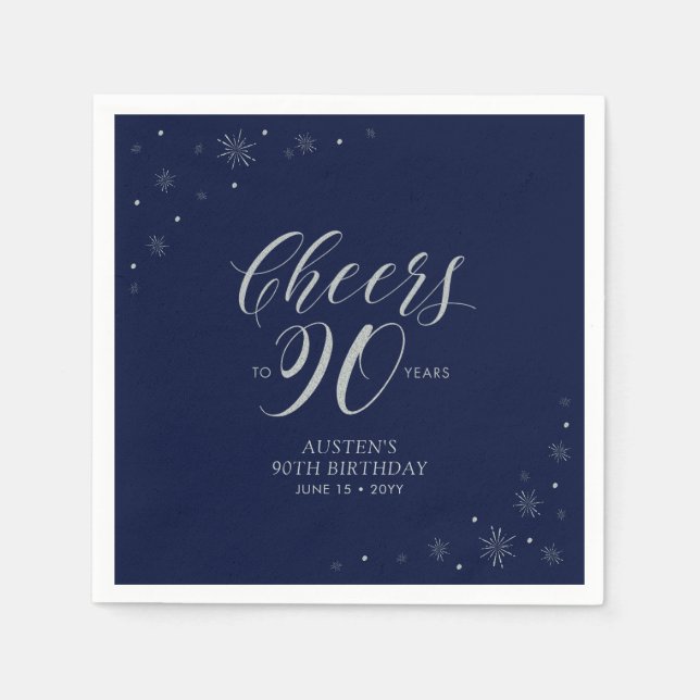 Servilleta De Papel Silver y Navy Blue Cheers 90 cumpleaños (Anverso)