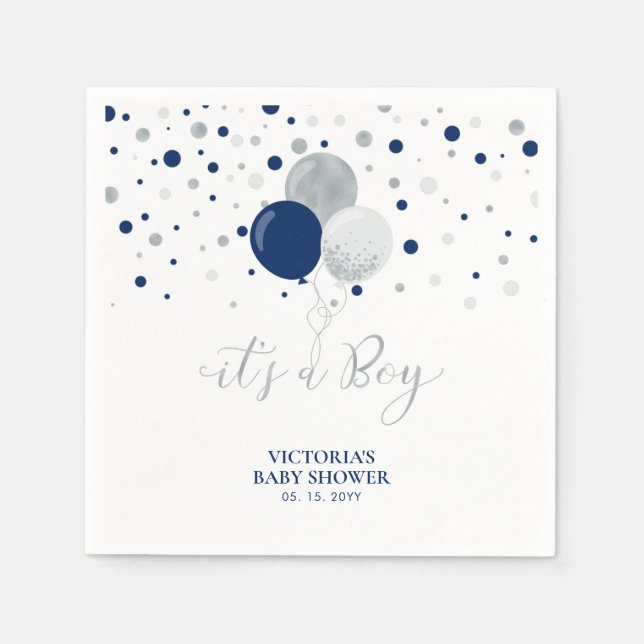 Servilleta De Papel Silver y Navy Blue Es un niño Baby Shower Napkins (Anverso)