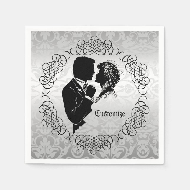 Servilleta De Papel Silvery White Bride y Groom Silhouette Napkins (Anverso)