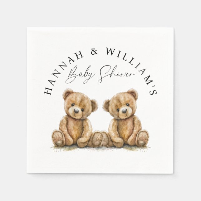 Servilleta De Papel Simple acuarela Teddy Bear Twins Baby Shower (Anverso)