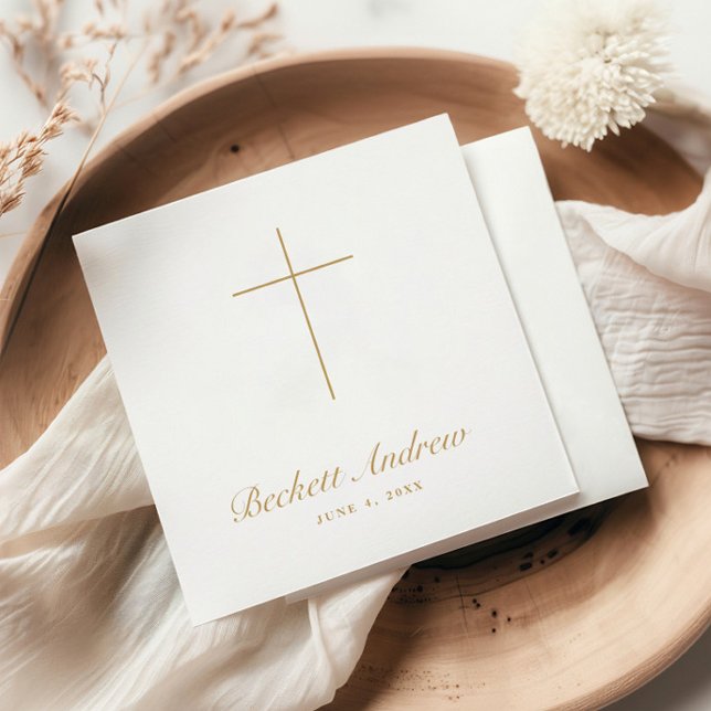 Servilleta De Papel Simple Cruz de Oro Bautizo Script (Simple Gold Cross Script Baptism, Christening or First Holy Communion Napkins.)
