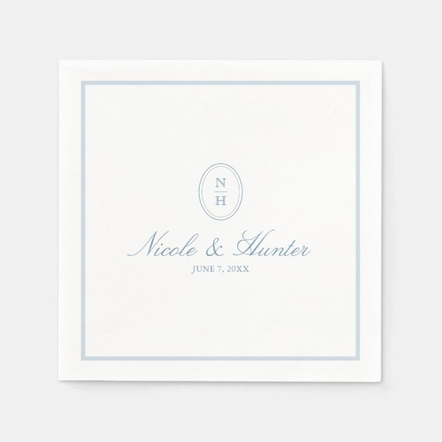 Servilleta De Papel Simple Dusty Blue Monogram Crest Wedding (Anverso)