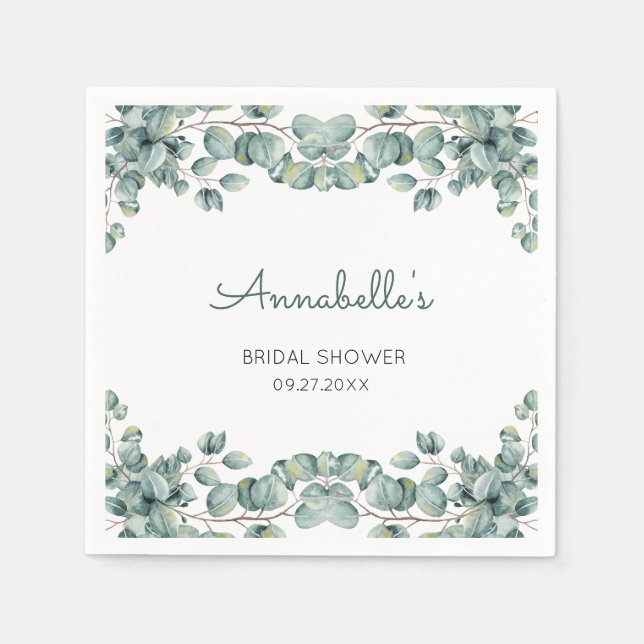 Servilleta De Papel Simple Eucalipto Verde Bridal Shower Blanco (Anverso)