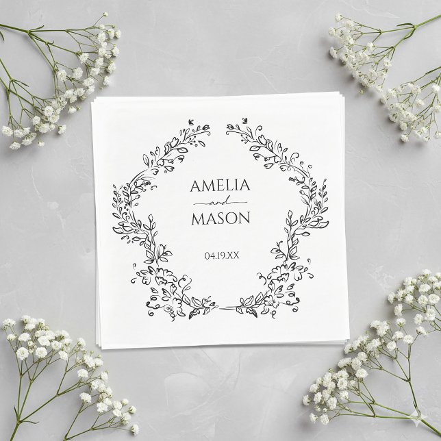 Servilleta De Papel Simple Floral Frame Black and White Paper Wedding (Simple Floral Frame Black and White Paper Wedding Napkins)