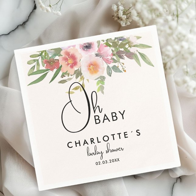 Servilleta De Papel Simple, flowers Baby Shower (Simple, watercolor, flowers Baby Shower Napkins with your name and date.)