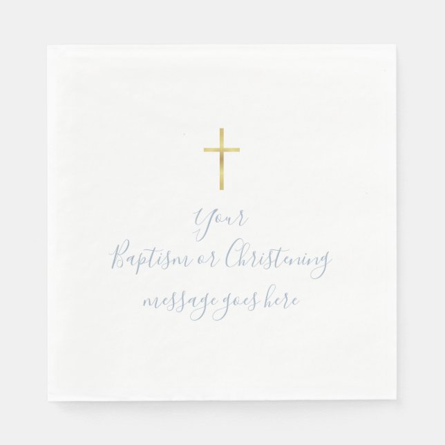 Servilleta De Papel Simple Gold Cross Baptism Christening Dusty Blue (Anverso)