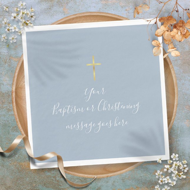 Servilleta De Papel Simple Gold Cross Baptism Christening Dusty Blue (Simple Gold Cross Baptism Christening Dusty Blue Napkins)