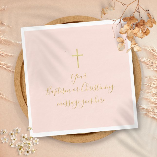 Servilleta De Papel Simple Gold Cross Baptism Christening Rubor Pink (Simple Gold Cross Baptism Christening Blush Pink Napkins)