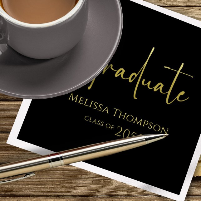 Servilleta De Papel Simple Graduation Gold Script Custom (Black and gold graduation custom napkins.)