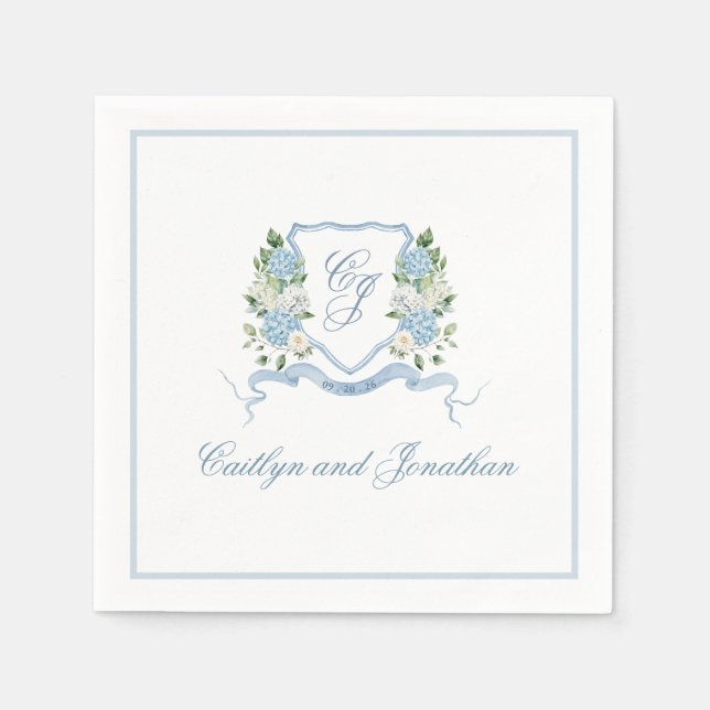 Servilleta De Papel Simple Monograma Crest Azul Polvoriento Boda (Anverso)