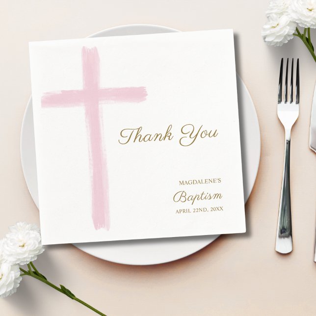 Servilleta De Papel Simple Pink Cross Thank You Baptism  (Subido por el creador)