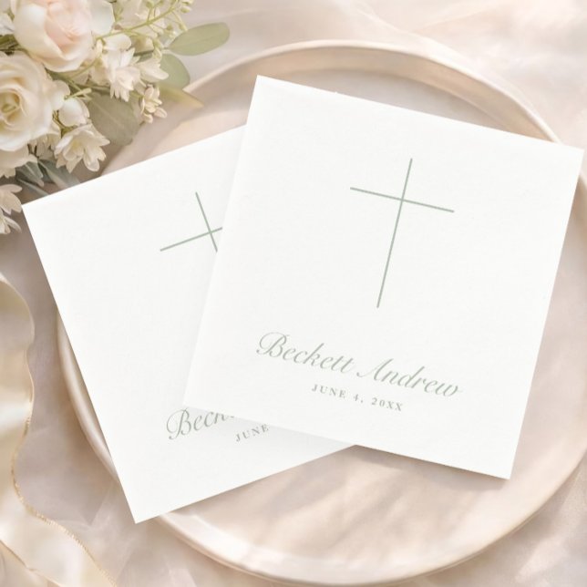 Servilleta De Papel Simple Sage Green Cross Script Baptism (Simple Sage Green Cross Script Baptism, Christening or First Holy Communion Napkins.)