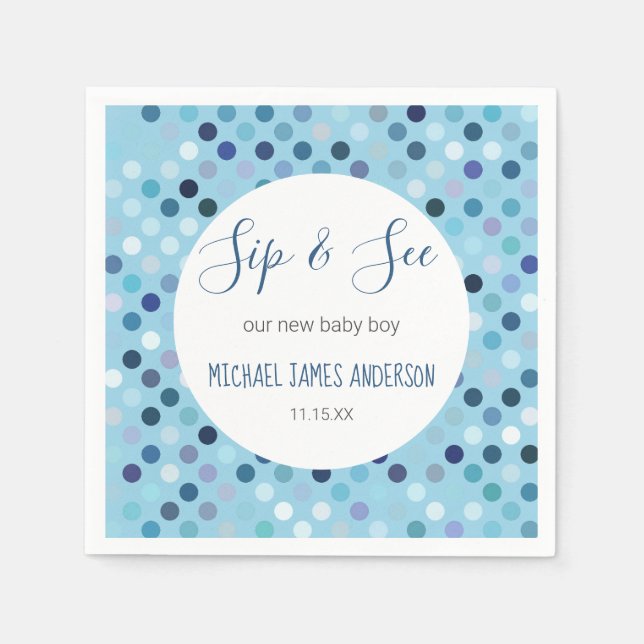 Servilleta De Papel Sip & See Baby Boy Shower Blue Polka Dots (Anverso)