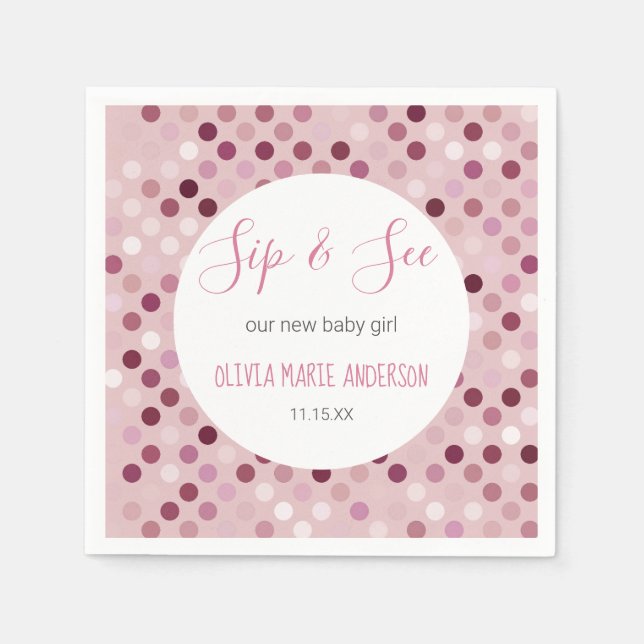 Servilleta De Papel Sip & See Baby Girl Shower Pink Polka Dots (Anverso)