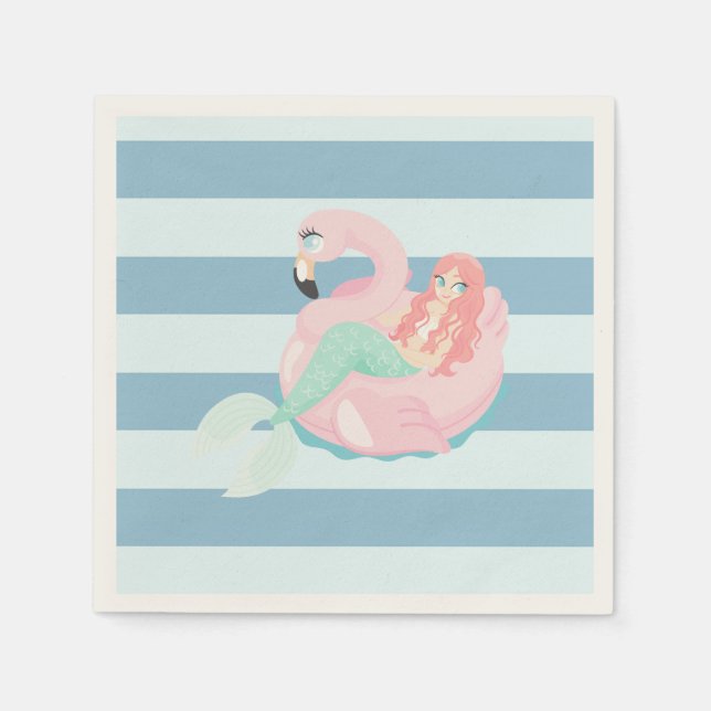 Servilleta De Papel Sirena Adorable en franjas azules claras (Anverso)