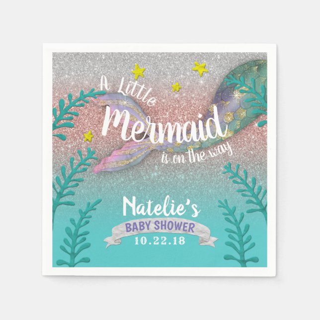 Servilleta De Papel Sirena bajo el mar Rosa Chica de oro Baby Shower (Anverso)