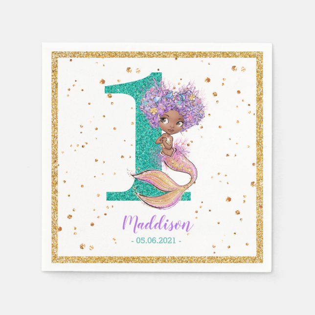 Servilleta De Papel Sirenas de cumpleaños 1 sirena afroamericana (Anverso)
