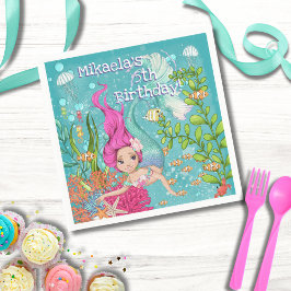 Servilleta De Papel Sirenita de pelo rosado bajo el mar Cumpleaños