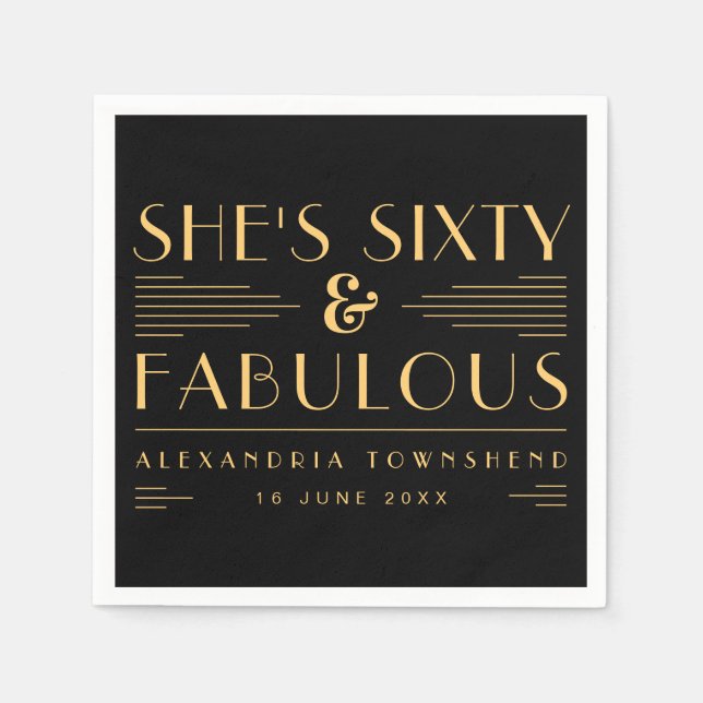 Servilleta De Papel Sixty & Fabulous Art Deco Name Date 60th Birthday (Anverso)