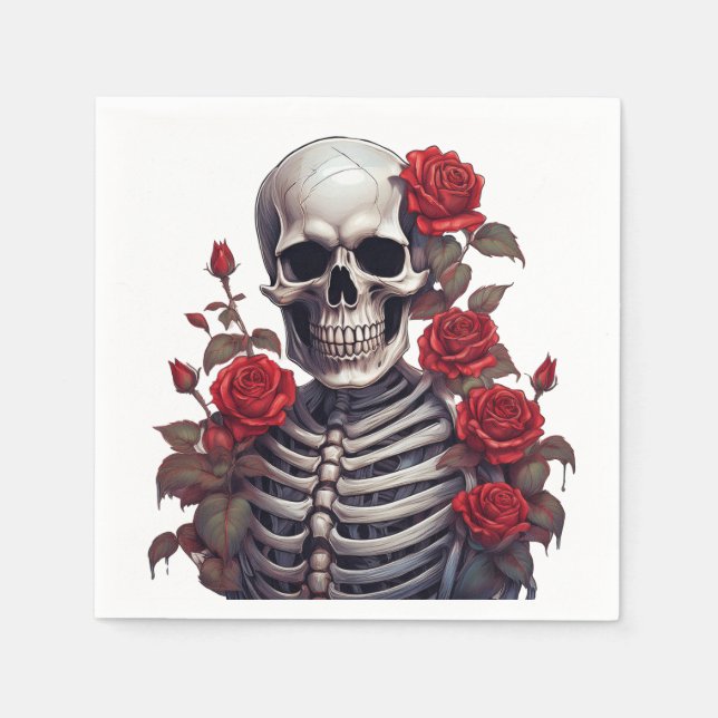 Servilleta De Papel Skeleton con rosas rojas (Anverso)