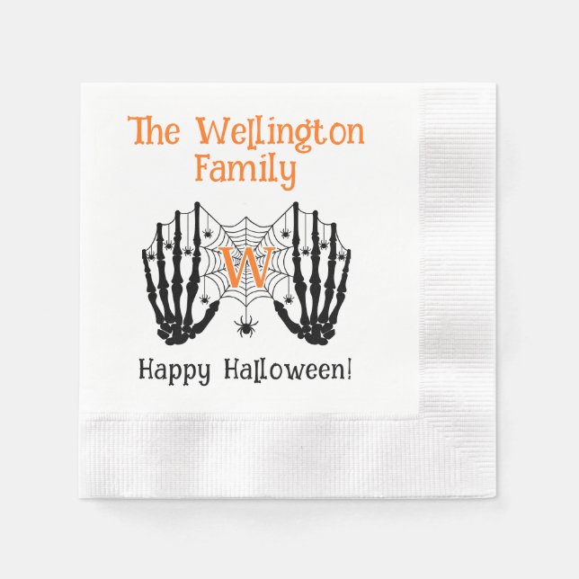 Servilleta De Papel Skeleton Hands Spiderweb Nombre inicial Halloween  (Anverso)