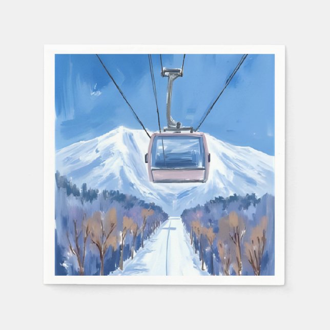 Servilleta De Papel Ski Gondola Snow Mountain Watercolor (Anverso)