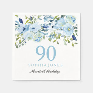 Servilleta De Papel Sky Blue Watercolor Flowers 90º cumpleaños