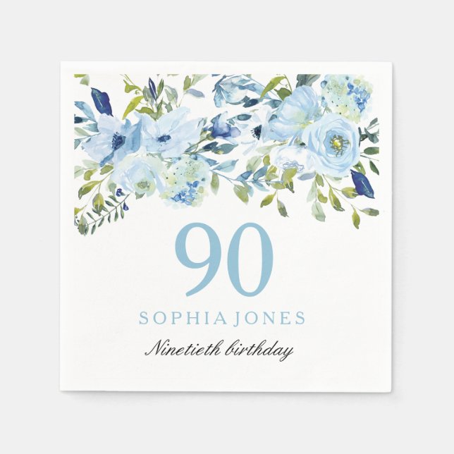 Servilleta De Papel Sky Blue Watercolor Flowers 90º cumpleaños (Anverso)