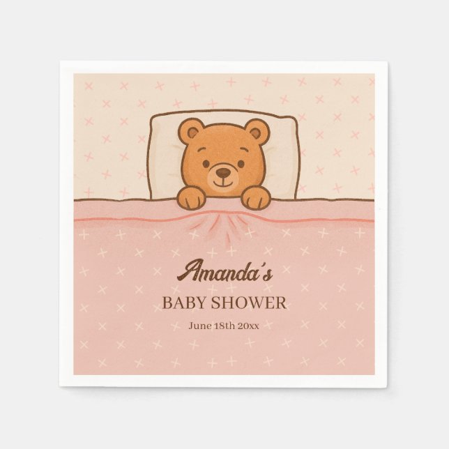 Servilleta De Papel Sleepy Teddy Bear Light Baby Shower Rosa (Anverso)