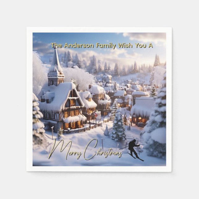 Servilleta De Papel Snow ski chalets editable holiday greeting (Anverso)