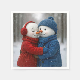 Servilleta De Papel Snowflakes on Snowman Couple in Winter Forest