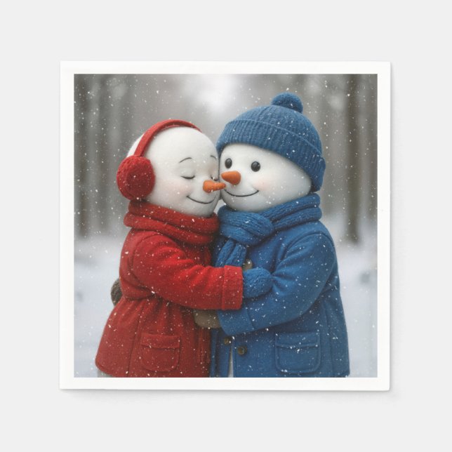 Servilleta De Papel Snowflakes on Snowman Couple in Winter Forest (Anverso)