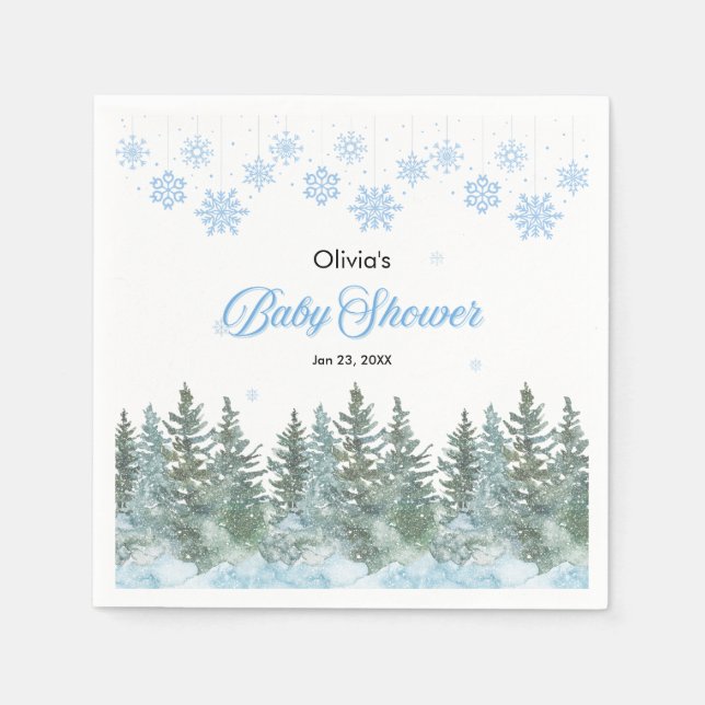 Servilleta De Papel Snowflakes Pine Trees Winter Baby Shower  (Anverso)