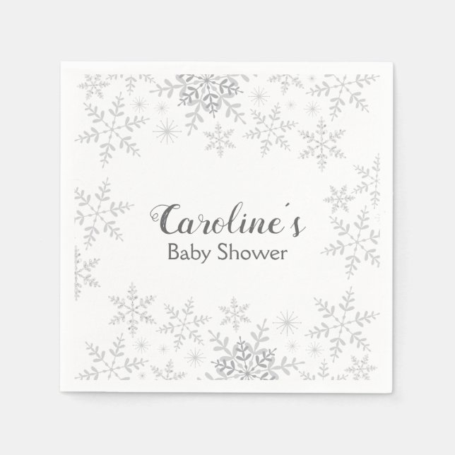 Servilleta De Papel Snowflakes Winter Baby Shower Gray Silver Purpurin (Anverso)