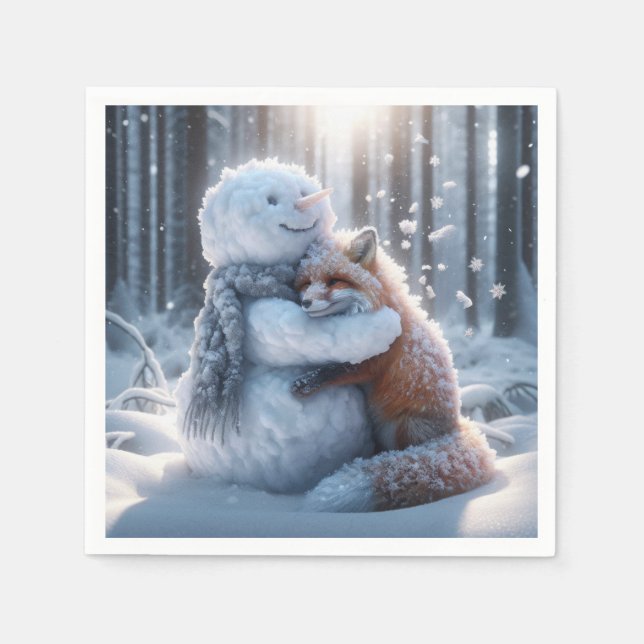 Servilleta De Papel Snowman abrazando a Fox (Anverso)