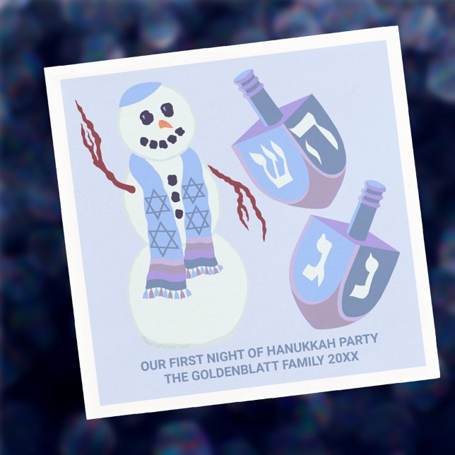 Servilleta De Papel Snowman Dreides Blue Personalized Cute Hanukkah (Perfect for Hanukkah parties and family gatherings, these custom paper napkins are too cute)
