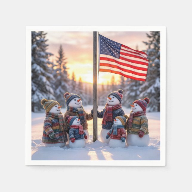 Servilleta De Papel Snowman Family Gathering Around a Flagpole (Anverso)